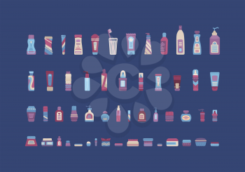 Cartoon shampoo, cream, lotion, scrub, perfume, soap, moisturizer collection.  Vector set of plastic cosmetic bottle, dispenser, container, jar, tube. Flat icons on blue background