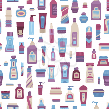 Plastic cosmetics bottle, dispenser, container, jar, tube seamless pattern. Cartoon shampoo, cream, lotion, scrub, perfume, soap, moisturizer collection. Vector flat texture on white, fabric flap