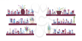 Lotions for body, shampoos for hair, creams for face on shelves in cosmetic shop. Natural eco-friendly skincare cosmetics vector cartoon illustration. Flowers in pots. Flat design concept