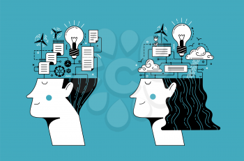 Man and woman heads full of different connected operating mechanisms and schemes as concept of mental process operations and health on turquoise color background cartoon illustration