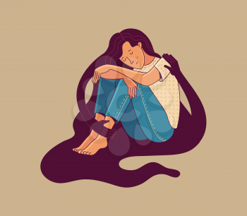 Cute woman character sitting hugged by creature silhouette hands on beige background as symbol of mental health psychotherapy self care compassion