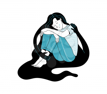 Young woman character sitting hugged by creature silhouette hands on white background. Mental health psychotherapy self care compassion. Flat cartoon illustration
