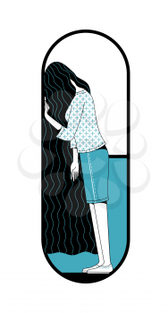 Stressed long haired woman standing inside large pill. Mental disorder, psychotherapy and drug addiction flat concept. Cartoon vector illustration