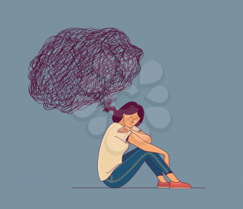 Unhappy girl character sitting on floor and dark thinking bubble over head on grey background as illustration of mental disorder psychotherapy concept, overthinking and loneliness