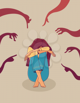 Young stressed girl sitting on floor. Silhouettes of creature hands with pointing fingers to her. Cartoon illustration of bullying, loneliness, and psychotherapy. Vector flat character