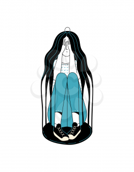Crying woman character sitting inside cage made of her long loose hair on white background. Anxiety, mental disorder, loneliness, and depression vector cartoon illustration