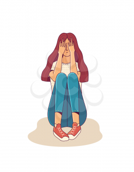 Unhappy woman sitting and hiding face by palms. Loneliness, anxiety, depression, and overthinking vector cartoon illustration. Mental disorder  flat concept