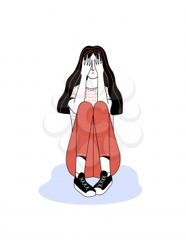 Scared young long haired lady character hiding face by palms on white background as illustration of mental disorder and psychotherapy concept