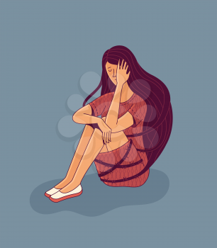 Crying young woman character tied with long loose flowing hair sits on floor on beige background as illustration of mental disorder and psychotherapy concept