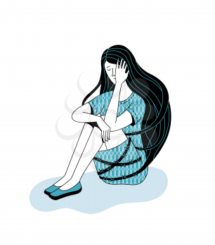 Crying young girl tied with barbed wire from her flowing hair sitting on floor on white background. Flat illustration of mental disorder, psychotherapy concept, and depression. Vector cartoon girl