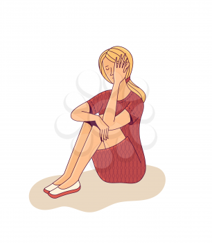 Crying young woman sitting alone on white background. Flat illustration of mental disorder, psychotherapy concept, loneliness, and depression. Cartoon vector character.