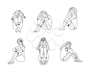 Set of female characters suffering from mental disorder vector outline illustration. Linear cartoon illustration of loneliness, anxiety, depression, and psychotherapy monochrome concept