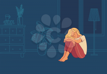 Young woman suffering from loneliness and negative emotions sitting on floor in dark apartment flat vector illustration. Psychotherapy concept. Cartoon pensive female character