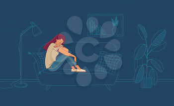 Depressed young woman sitting on sofa in room at night vector illustration. Loneliness and depression. Vector flat female character. Outline interior on background