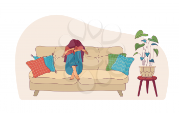 Upset young woman in depression hiding face sitting on sofa near houseplant flat vector illustration. Loneliness, anxiety, mental health, or psychotherapy concept. Cartoon female character