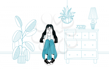 Crying young woman sitting on floor in room and hiding face by palms. Anxiety, depression, or mental disorder. Flat vector female character. Outline interior on white background