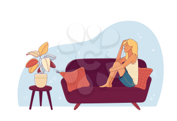 Stressed young woman character suffering from negative emotions on sofa near houseplant as mental health and psychotherapy concept. Vector flat illustration about depression and loneliness