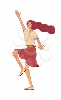 Dancing young woman with long flowing hair raising hand up. Positive thinking. Life enjoying concept. Vector flat female character.