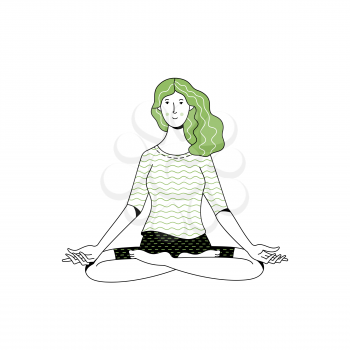Vector illustration of happy tranquil woman character meditating in lotus pose on white background presenting concept of healthy body and mind. Flat duotone concept.