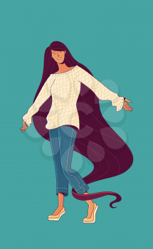 Picture of cheerful active young woman character with long loose flowing hair dancing on turquoise background as power of positive thinking and health