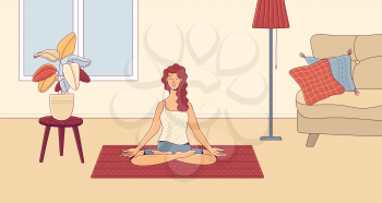 Cheerful red haired woman practicing meditation in lotus position on rug near houseplant in light room. Cartoon positive thinking and mental balance concept. Flat vector happy female character