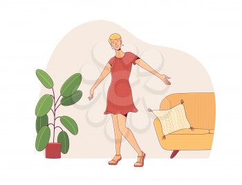 Happy short haired woman in red dress enjoying life. Girl standing near large houseplant and sofa at home. Cartoon positive thinking and good mood vector illustration