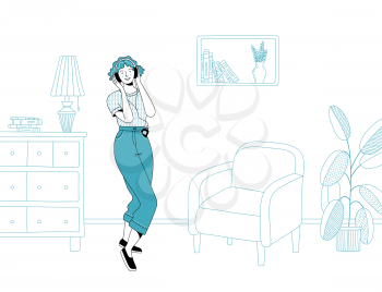 Young cheerful woman with headphones listening to music and enjoying life in cozy room at home. Concept of good mood and positive thinking. Flat duotone linear vector illustration