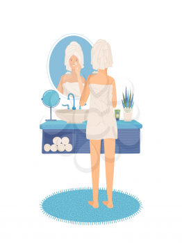 Young woman standing in bathroom and looking at her reflection in mirror. Pretty cartoon girl putting on night cream on her face. Everyday evening routine, end of working day. Flat vector illustration