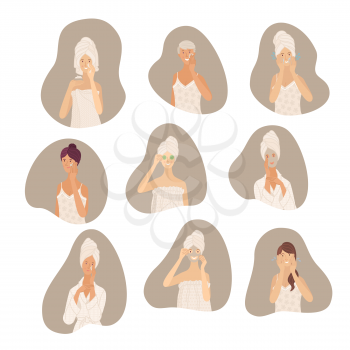 Steps for beauty and health your skin. Skincare everyday routine. Cute girls in towel, pajama, and bathrobe cleaning skin, washing, moisturizing, applying beauty mask. Flat cartoon vector characters
