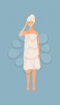 Young girl using natural products for skin care. Beautiful woman's everyday routine. Cute girl wearing towel after shower. Flat cartoon female character on blue background