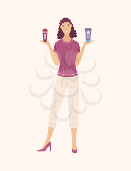 Young woman choosing between skincare cosmetic products cartoon illustration. Smiling girl comparing professional and budget lotions for body / shampoos for hair / creams for face. Vector flat concept