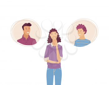 Beautiful woman thinking about two men. Young girl chooses boyfriend. Flat vector illustration in cartoon style.