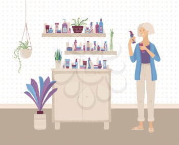 Smiling elder woman comparing lotions for body, shampoos for hair, creams for face in shop. Old age lady choosing natural eco-friendly skincare cosmetics vector cartoon illustration. Making decisions