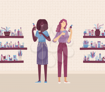 Two female consultants comparing skincare beauty products in shop. Cute women choosing eco-friendly cosmetics, moisturizing cream, facial care, shampoo for hair. Vector flat cartoon banner template