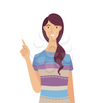 Young woman pointing to copy space. Smiling girl hand gesture, choosing, showing, or presenting something.  Vector flat cartoon illustration. isolated character.