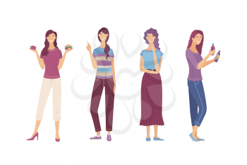 Young woman comparing skincare beauty products. Cute girl choosing between healthy and junk food. Lady in doubt with hand on chin gesture. Woman pointing gesture. Flat vector cartoon illustration