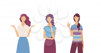 Young woman in doubt with hand on chin gesture. Cute girl choosing right now. Confident lady pointing finger to copy space. Three women flat idea concept. Vector cartoon illustration