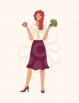 Young woman choosing between donut and broccoli cartoon illustration. Fresh vegetables vs sweets. Smiling girl comparing healthy eating or junk food. Balanced menu vs fastfood. Vector flat concept