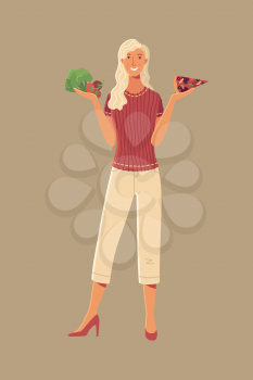 Young woman choosing between broccoli, tomato, and pizza cartoon vector illustration. Fresh vegetables vs fast food. Smiling girl comparing diet and healthy eating or junk fast food flat concept
