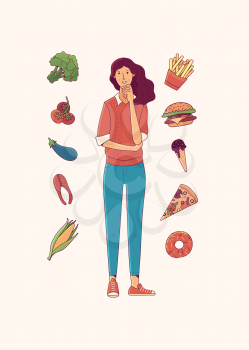 Young woman choosing between healthy and junk food cartoon vector illustration. Fish, tomatoes, vegetables or fries, donut, ice-cream, pizza, burger. Fast food vs balanced meal flat isolated clipart