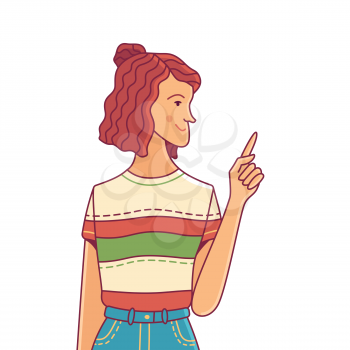 Young woman pointing to copy space. Smiling girl hand gesture, choosing, showing, or presenting something.  Vector flat cartoon illustration. isolated character.