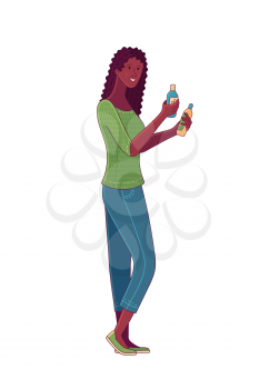 Young Afro-American woman holding cosmetics in her hands. Smiling girl choosing between two skincare cosmetic products. Comparing shampoo, cream, scrub, or lotion vector cartoon illustration