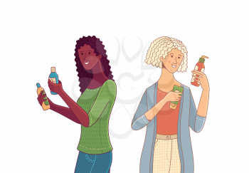 Three woman holding cosmetics in their hands. Smiling female characters choosing between two skincare products. Elder woman and Afro-American. Comparing shampoo, cream, or lotion flat concept