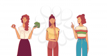 Women comparing, thinking, and pointing. Cute girl choosing between healthy and unhealthy food. Lady in doubt with hand on chin gesture. Flat vector cartoon clipart