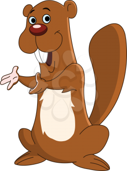 Cartoon beaver presenting with his hands