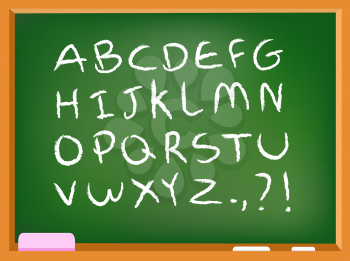 Hand drawn chalk alphabet on a chalkboard