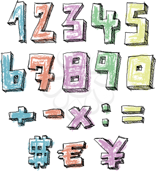 Colorful sketchy hand drawn numbers, math and currency signs