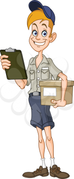 Smiling delivery man with a parcel and a clipboard