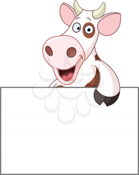 Smiling cow holding a blank sign