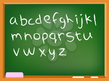 Hand drawn lower case chalk alphabet on a chalkboard